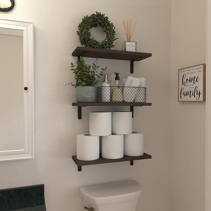 WOPITUES Wood Floating Shelves Set of 6, Shelves for Wall Decor, Farmhouse Shelf for Bedroom, Bathroom Storage Shelves, Book Shelves for Living Room, Dark Brown - Image 4