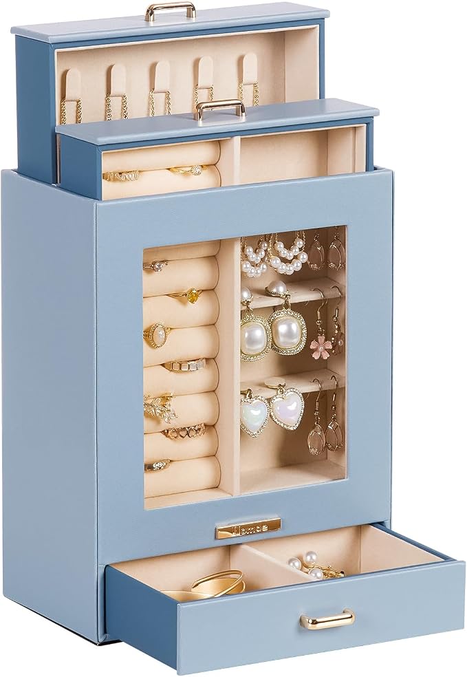 Homde Jewelry Organizer Girls Women Jewelry Box for Necklaces Rings Earrings Gift Bracelets Storage Case (Grey Blue + Gold) by Homde
