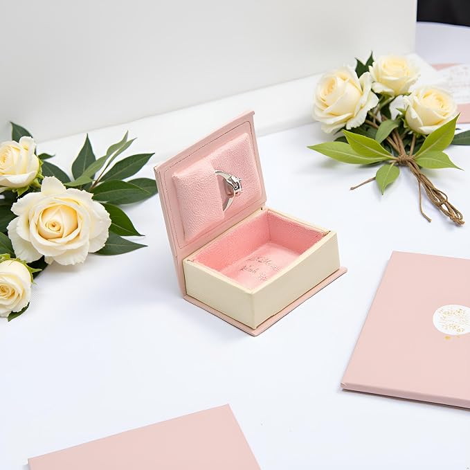 Book Shaped Ring Box - Vintage Engagement Ring Box with Hinged Lid for Proposal Engagement Wedding, Proposal Ring Case -PRB012-Pink - Image 5