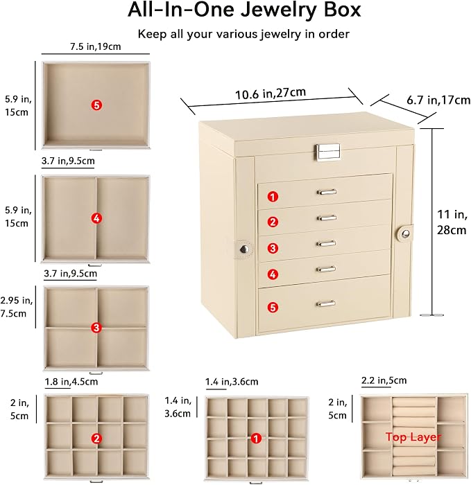 Frebeauty Large Jewelry Box,6-Tier PU Leather Jewelry Organizer,Multi-functional Storage Case with Mirror,Accessories Holder with 5 Drawers for Necklace Bracelets Watches(Beige) - Image 3