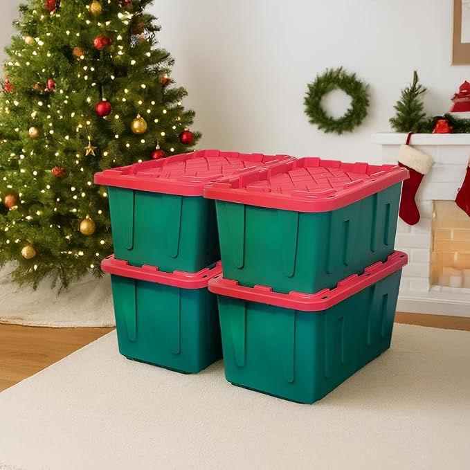 HOMZ 4-Pack Durabilt, Heavy Duty Plastic Storage Bins with Lids, 27 Gallon, Red/Green - Stackable Container Boxes for Holiday, Attic, and Garage Organization - Image 8