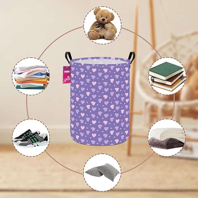 Laundry Hamper Large Canvas Fabric Lightweight Storage Basket/Toy Organizer/Dirty Clothes Collapsible Waterproof for College Dorms, Boys and Girls Bedroom,Bathroom(Purple hearts) - Image 7
