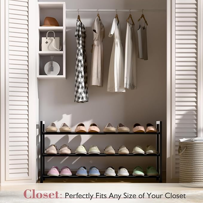 Bumusty 3-Tier Expandable Shoe Rack for Closet, 18“-33” Adjustable Shoe Rack for Small Space, Small Shoe Organizer for Front Door, Sturdy Metal, Black - Image 2