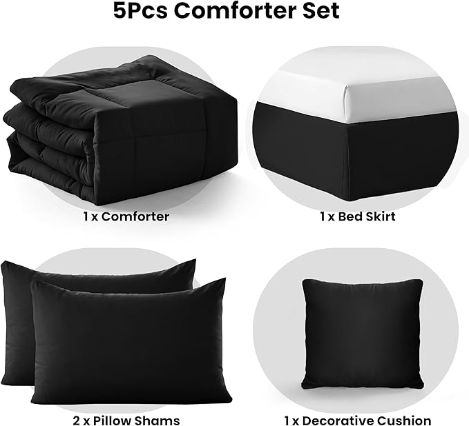 LUX Décor 5pc Queen Comforter Set, All-in-One Bed in a Bag, Includes 1 Comforter, 2 Pillow Shams, 1 Decorative Pillow & 1 Bed Skirt (Black, Queen)