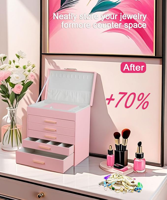 BOOVO Jewelry Boxes for Women, White and Black 6 Layer Large Jewelry Box for Necklace, Bracelet, Earrings, Rings Storage, Jewelry holder Organizer for Girls Gift (Pink, 6 layer) - Image 5
