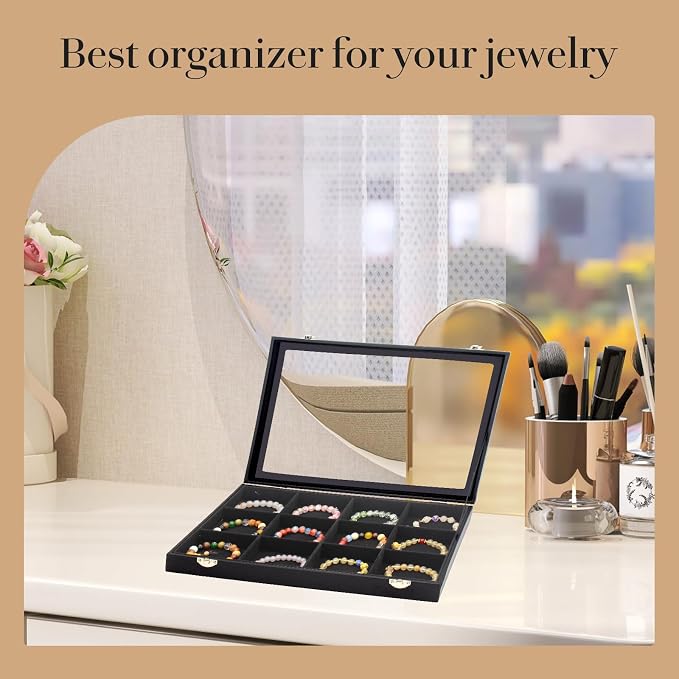 KOOAAICCHI Jewelry Tray Organizer with Clear Lid - 12 Grid Storage Display Case with Lock Earring Ring Organizer Showcase Gifts for Women-Black - Image 5