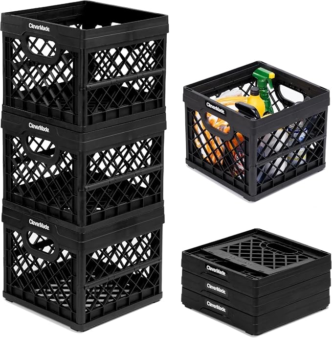 CleverMade Collapsible Milk Crate 25L (6.6 Gal) 3 Pack, 50 lb Capacity Heavy Duty Folding Crate – Stackable Storage Crates with File Rails, Plastic Collapsible Crates - Obsidian by CleverMade
