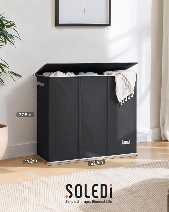 SOLEDI 180L Laundry Hamper 3 Section, Extra Large Laundry Hamper with Lid, Dirty Clothes Hamper with Sturdy Handle, Large Laundry Basket Organizer for Laundry Room, Bedroom, Hampers for Laundry - Image 8