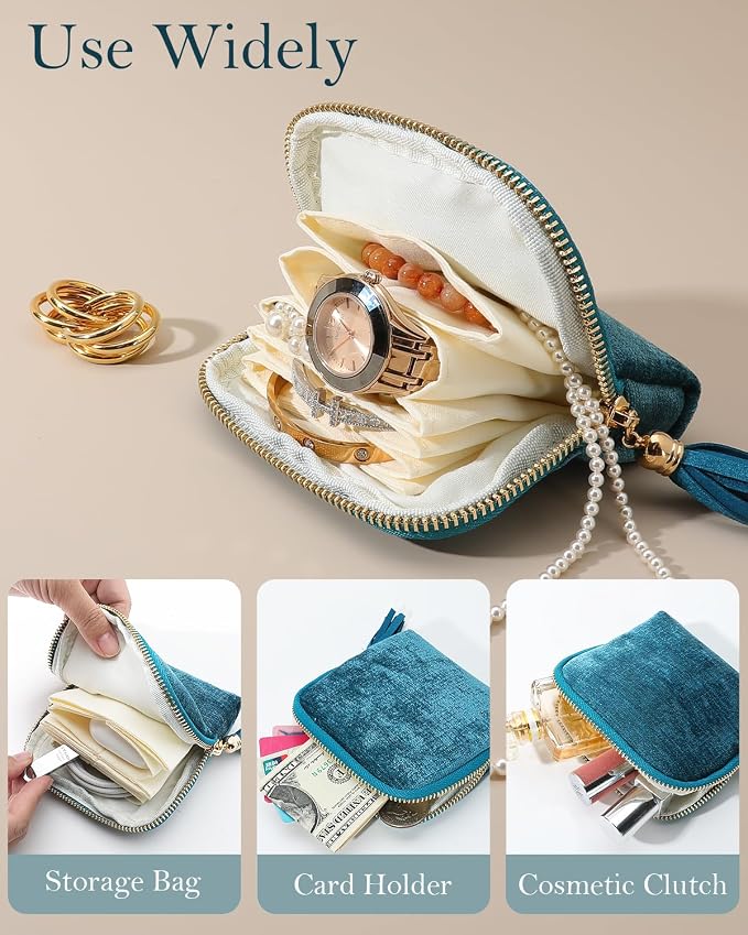 COOLYOUTH Travel Jewelry Case Organizer for Women Portable Jewelry Box with Small Pouches Mini Jewelry Bag for Rings, Bracelets, & Bangles with Smooth Metal Zipper (Mint Blue) - Image 4
