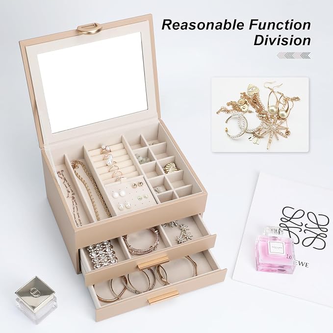Elegant Gift Jewelry Box with Mirror - 3-Layer Organizer for Earrings, Rings, Necklaces, Ready to Give for Birthday Anniversary Christmas Apricot - Image 5