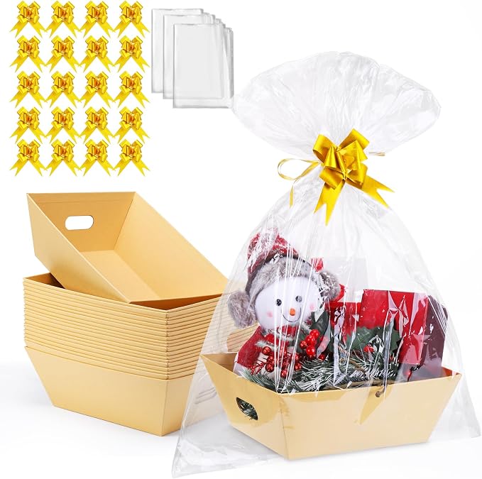AFOROEOA 20PACK Baskets for Gifts Empty, 10x12”Thick Kraft Gift Basket with 20 Bows 20 Bags Empty Gift Baskets for Christmas, Valentine’s Day, Easter, Birthdays, Snacks, Farmers Market by AFOROEOA