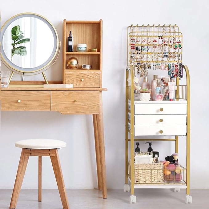 Keebofly Large Jewelry Organizer Stand with 3 Box Drawer - Necklace Organizer Earring Storage Armoire Holder with Display for Earring Necklace Ring Bracelet Gold - Image 6