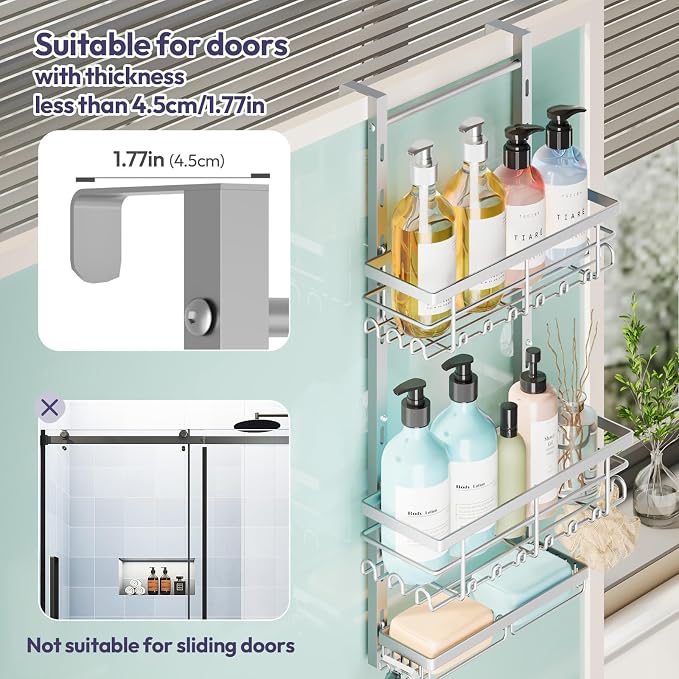 SWTYMIKI Over The Door Shower Caddy - 3 Tier Rustproof Hanging Shower Organizer with Adjustable Shelves, 28 Hooks & Soap Holder, Hanging Shower Rack Storage for Bathroom Accessories, Silver - Image 5