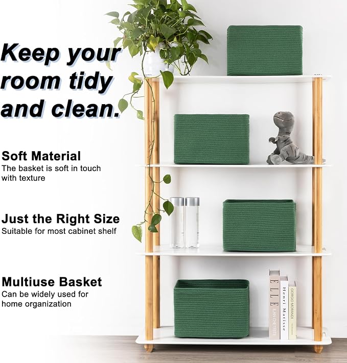 4 Pack Storage Baskets for Organizing, Woven Baskets for Shelves - Perfect for Toys, Books, Towels, and Clothes, Durable Gift Basket Bins Toy Storage, 12.7''L x9''W x7.8''H, Green - Image 2