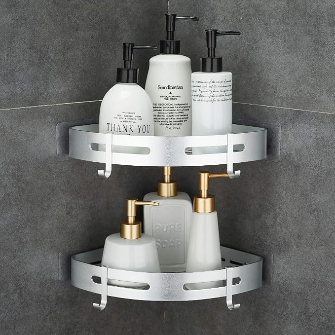 Hoomtaook Corner Caddy Bathroom Shower Shelf Wall Mounted No Drilling 2 Tier Storage Shelves Adhesive Triangle Baskets Silver Bathroom Kitchen Storage Basket by Hoomtaook