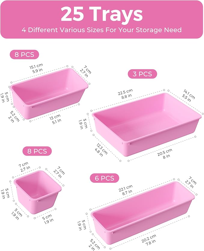 BiuLeon 25 PCS Plastic Drawer Organizers Set, 4-Sizes Vanity and Makeup Organizer, Desk and bathroom Drawer Organizer Trays, Organizers and Storage for Makeup, Jewelry, Gadgets, Utensils(Light Purple) - Image 2