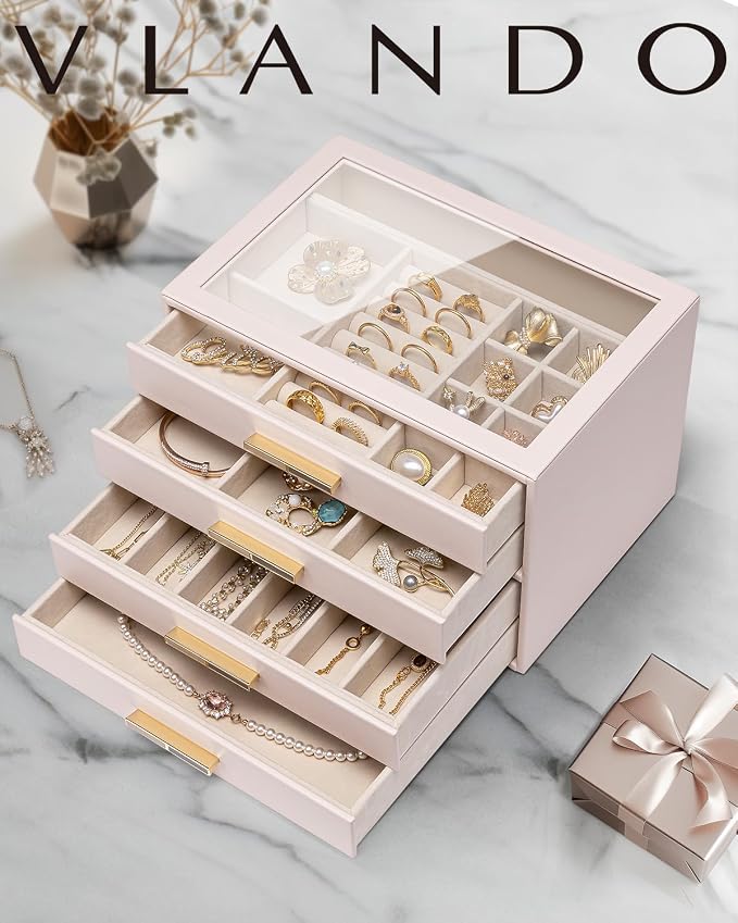 VLANDO 4 Layer Jewelry Box for Women, Glass Lid Jewelry Organizer with 4 Drawers for Necklaces Rings Earrings Bracelets - Light Pink - Image 7
