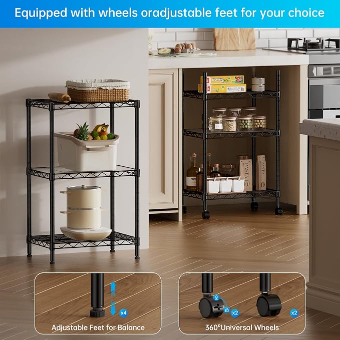 SINGAYE 3 Small Shelves Storage Shelf Wire Shelving Unit Metal Shelf Adjustable Organizers Storage Shelving with Wheels for Bathroom Laundry Room Kitchen Pantry11.5”D x 17.3”W x 30”H Black - Image 9
