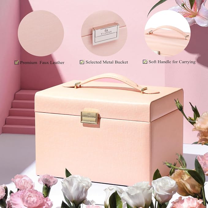 Vlando Mirrored Jewelry Box Organizer, Leather Jewelry Storage Case, Necklaces Earrings Rings Brackets Box Holder, Pink - Image 2