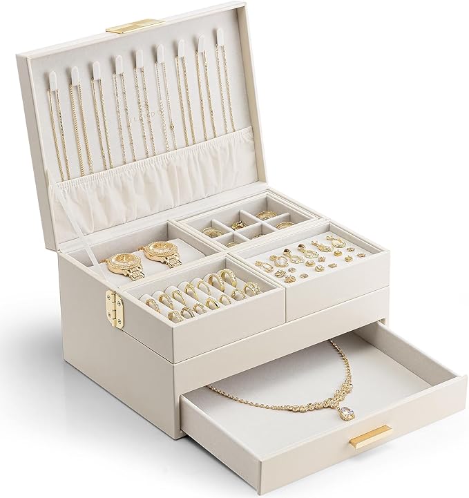 VLANDO 3 Layer Jewelry Box - Women Jewelry Box with Retractable Tray - Jewelry Organizers with Drawer for Necklaces, Rings, Bracelets, Earrings, Valentines Gift for Mom Girls - Cloud White by VLANDO