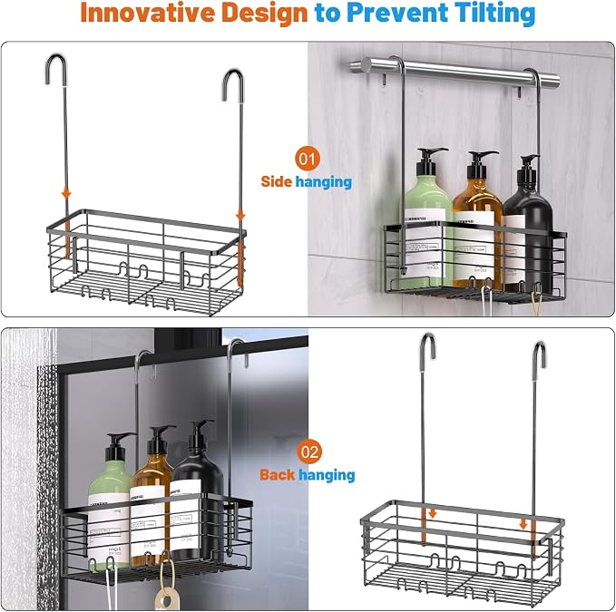 YUOROS Hanging Shower Caddy, Over the Door Shower Organizer Rack 304 Stainless Steel Rustproof Bathroom Storage Shampoo Holder Basket (Black) - Image 5