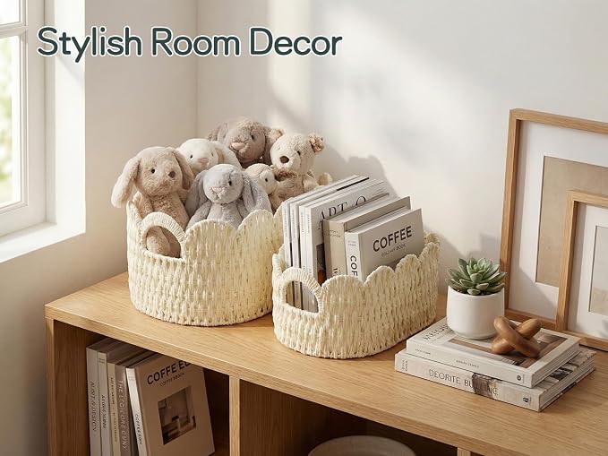 Coeusy Paper Rope Scalloped Basket Set of 2,Hand-woven Storage Baskets for Shelves,Nursery,Books,Toys,Cute Boho Decor Baskets for Organizing,White - Image 3