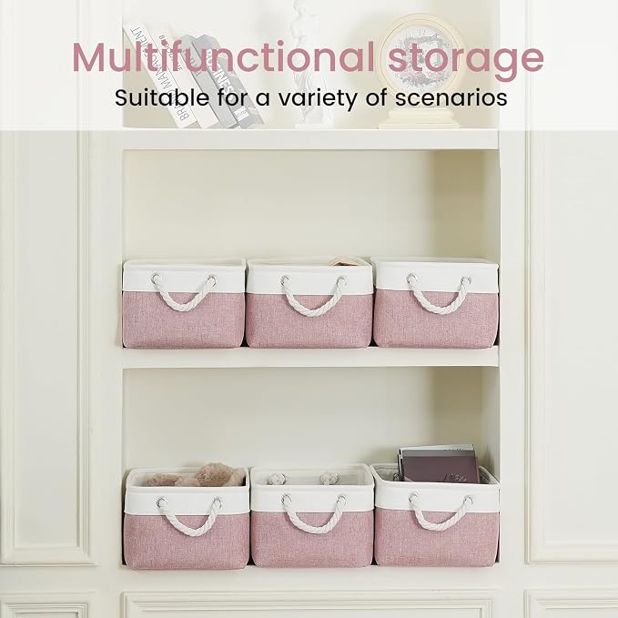 Storage Baskets for Shelves 13.8x9.8x6.7 Inch, Foldable Fabric Storage Bins with Handles, Small Storage Baskets for Organizing Closet, Office, Home Organization (1-Pack, White&Pink) - Image 6