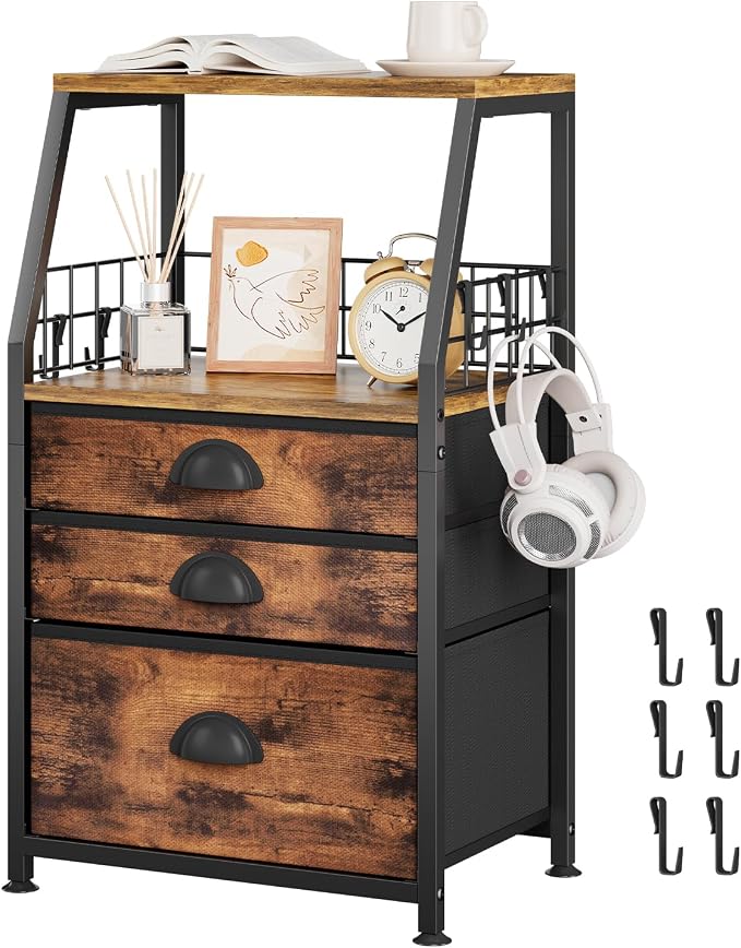 LASZOLA 3 Fabric Drawers Organizer Tower with 6 Hooks and 2 Shelves, Small End Side Table for Printer with Chest of Files Drawers, Ideal for Bedroom Living Room Office Dorm Under Desk, Rustic Bronze by LASZOLA