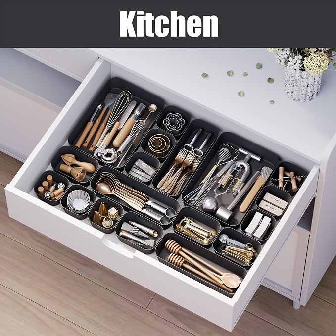 Plastic Drawer Organizers, 18 PCS Drawer Organizer Bins, Bathroom and Vanity Organizer Plastic Tray, Makeup organizer and storage for Makeup, Bedroom, Kitchen Gadgets Utensils and Office (Black) - Image 5