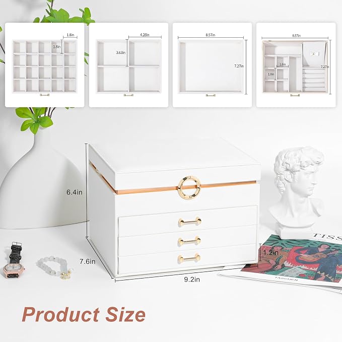 Jewelry Box for Women,4-Layer Leather Jewelry Holder Organizer with 3 Drawers Large Jewelry Storage Boxes, Lots of Storage Space For Ring,Necklace,Bracelets,Earring（White） - Image 5