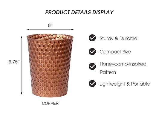Venalys Small Metal Trash Can Wastebasket, Decorative Honeycomb Garbage Can Waste Basket, Modern Farmhouse Round Trash Bin for Bathroom, Bedroom, Kitchen and Office (Copper) - Image 6