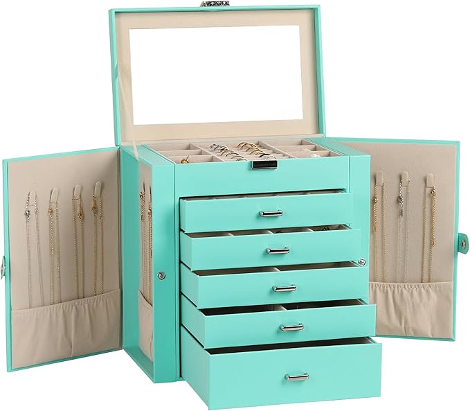 Frebeauty Large Jewelry Box,6-Tier PU Leather Jewelry Organizer,Multi-functional Storage Case with Mirror,Accessories Holder with 5 Drawers for Necklace Bracelets Watches(Turquoise) by Frebeauty