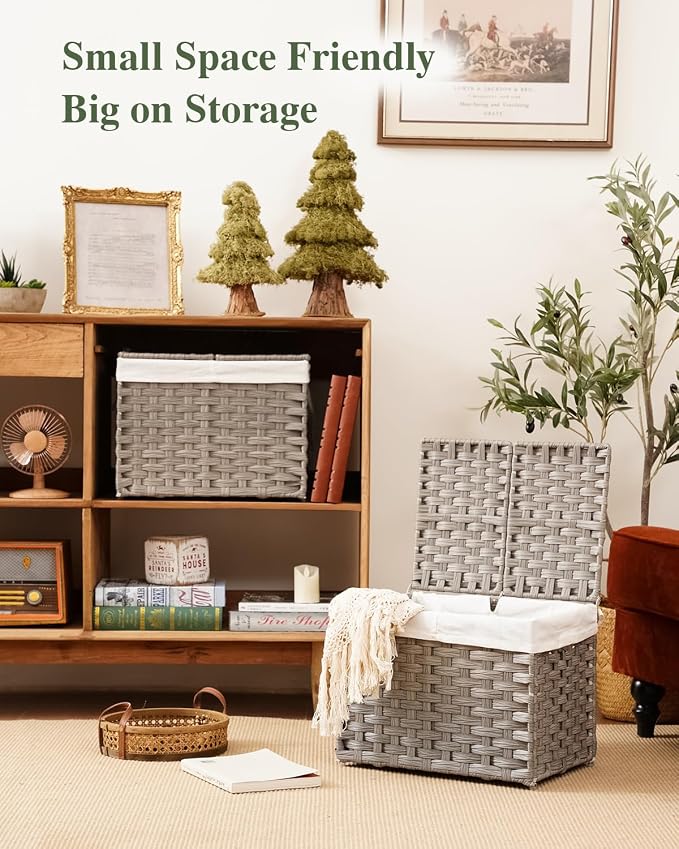 SETVSON Storage Basket with Lid Woven Wicker Baskets with 2 Separate Lid, 9.2 Gallon (35 L) Wicker Storage Bins with Handles, Foldable and 2 Removable Liner Bags for Bedroom, Laundry Room Gray - Image 6