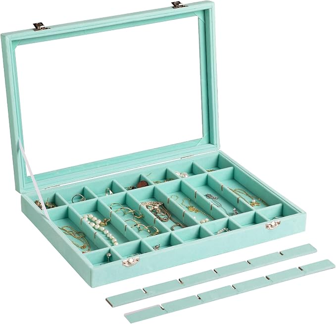 Frebeauty Velvet Jewelry Tray,35 Grid Jewelry Organizer with Clear Lid,Earring Holder Organizer Case with Clasp,Drawer Insert for Rings Studs,13.8 x 9.5 x 2 Inches,Gift for Women Girls(Turquoise) - Image 5