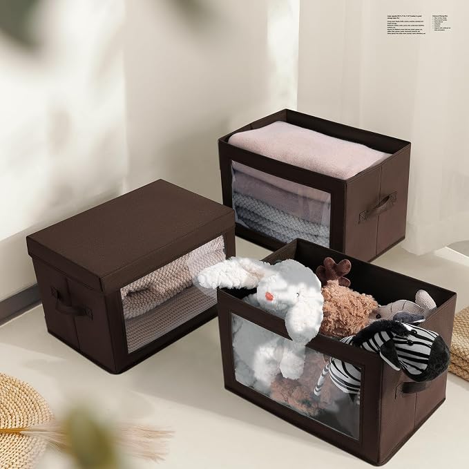 Homsorout Stackable Storage Bins with Lids - Medium Storage Box with Lids, Foldable Closet Boxes for Organizing, Wardrobe Clothes Organizer with Window, Cubes Bins for Living Room, 5 Pack, Brown - Image 6