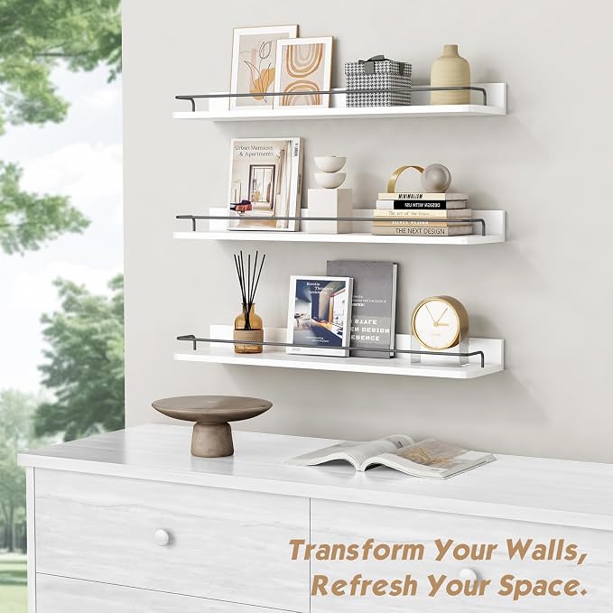 Forbena Floating Shelves for Wall 24 Inches Long, Modern White Wall Shelving Unit for Bedroom, Wood Hanging Shelf for Kitchen Bathroom Living Room Office Organizers and Storage (White and Grey) - Image 6