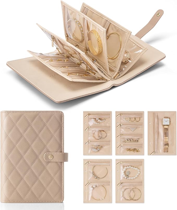 VLANDO Travel Jewelry Organizer Case,Jewelry Storage Book Ring Binder with Clear Zipper Velvet Pouch Bag for Traveling,Rings,Necklace,Earrings,Bracelets,Brooches-Toffee by VLANDO