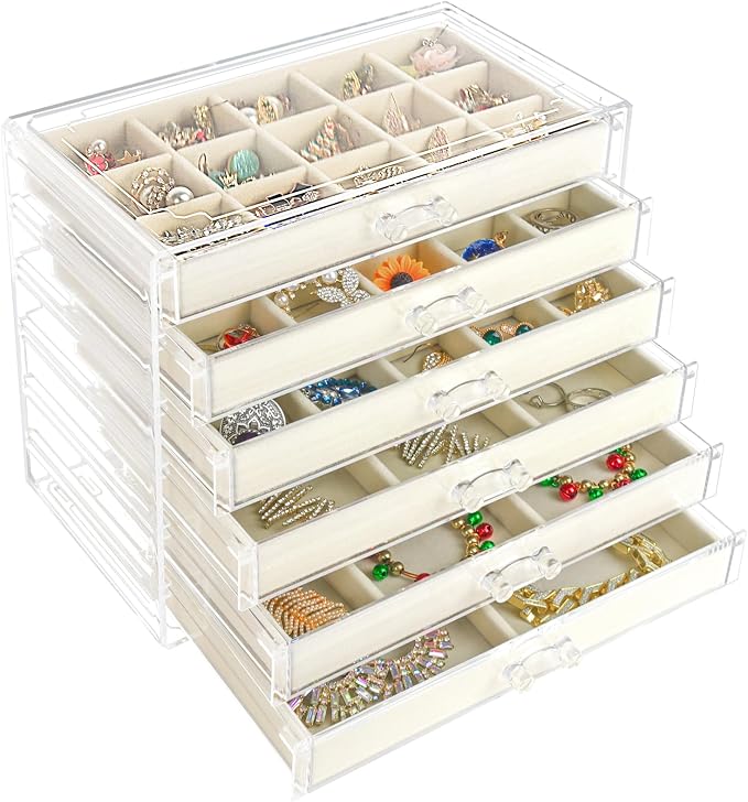 Watpot Acrylic Jewelry Box with 6 Drawers, Clear Earring Storage Organizer Display Case for Women Girls, Beige by Watpot