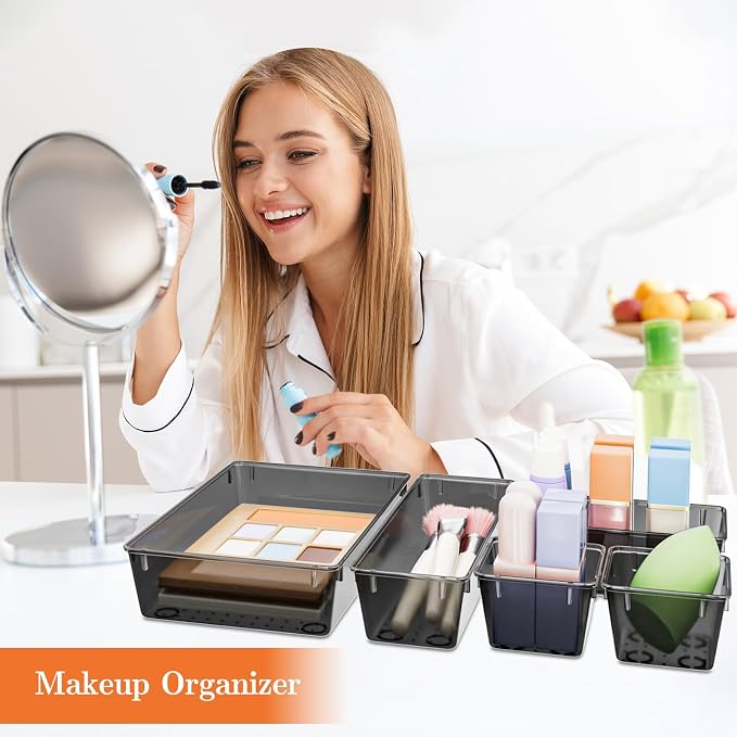 SpaceHacks 25 PCS Plastic Drawer Organizer Set, 4-Size Versatile Organizer Tool Trays & storage Bins for Makeup, Jewelry, and Gadgets in Bathroom, Bedroom and Office,Clear Black - Image 5