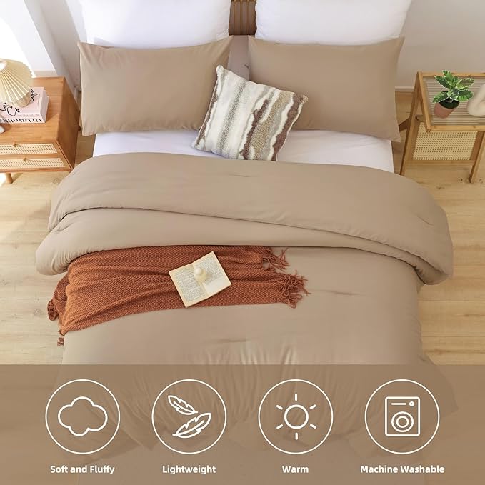 ROSGONIA Oversized Queen Comforter Taupe Brown, 3pcs (1 Comforter & 2 Pillowcases) Lightweight Oversized Queen Comforter Sets Bedding Blanket Quilts