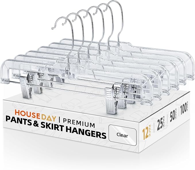 HOUSE DAY 12 Pack 14 inch Clear Plastic Skirt Hangers with Adjustable Clips, Pants Hangers 360-Rotating Swivel Hook, Clip Hangers for Pants, Trousers, Skirts, Jeans, Bulk Plastic Hangers by HOUSEDAY