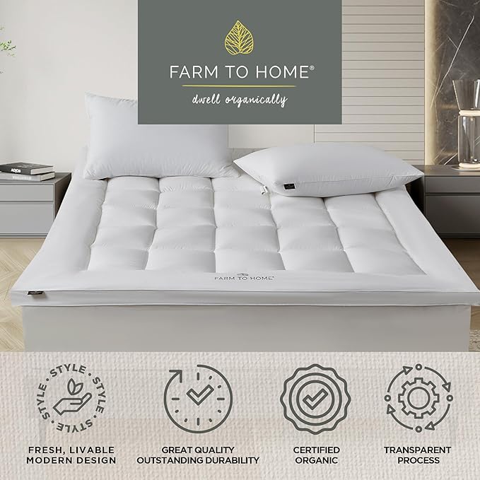 Farm to Home Organic Cotton Mattress Protector Cal King Size - 2" Gusset Pillowtop Mattress Pad Cover Down Alternative Filled with 16 Inch Elastic Deep Pocket Mattress Topper – White