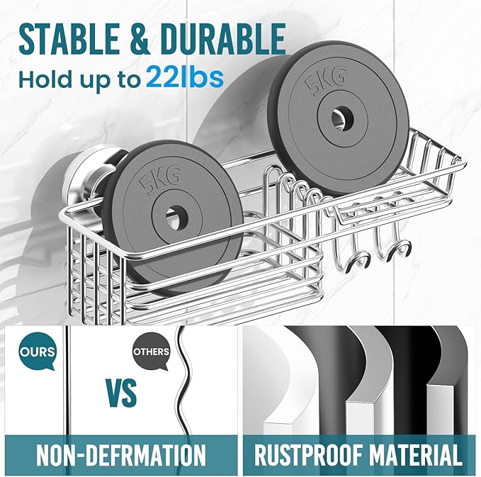 TAILI Shower Caddy Suction Cup with Hooks & Soap Holder, Heavy Duty Bathroom Shower Organizers, Removable Bathroom Shelves for Inside,Stainless Steel Bathroom Holder - Image 4