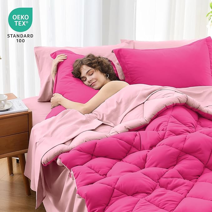 MUXHOMO 7 Pieces Full Comforter Set, Reversible Bed in a Bag Full Size, All Season Bedding Set with Comforter, Flat Sheet, Fitted Sheet, Pillowcases & Shams, Hot Pink & Baby Pink