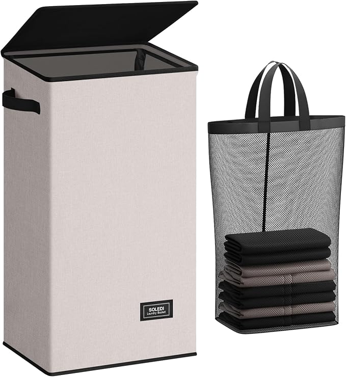 SOLEDI Laundry Hamper with Lid 100L Large & Tall Collapsible Laundry Basket, Clothes Hamper with Bag Removable Easy to Carry, Dirty Hampers for Bedroom, Bathroom, Dorm, College,Light taupe by SOLEDI