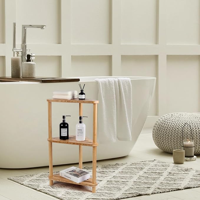 Bamboo Corner Shower Caddy Stand 3-Tier Waterproof,Free Standing Bathroom Corner Shelf Shower Stool Organizer for Inside Shower,Space-Saving Storage Shower Shelves with Anti-Slip Feet - Image 2