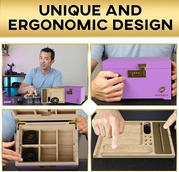 HOVANZO Premium Large Bamboo Storage Box with Removable Tray - Storage Wood Box for Herbs and Accessories - Storage Box Set with Combination Lock - Smell Proof Container with Accessories - Image 5