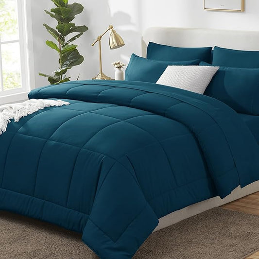 CozyLux Full Size Comforter Set Lyons Blue, 7 Pieces Bed in a Bag, Blue Comforter Full Size, All Season Bedding Sets with Stitch Quilted Comforter, Flat Sheet, Fitted Sheet, Pillowcases