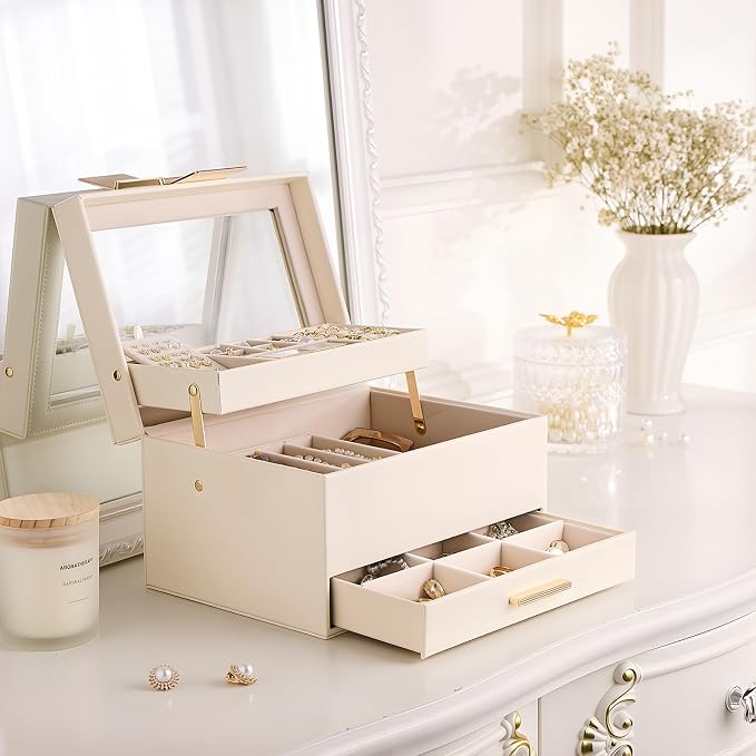 Lolalet Jewelry Box, Clear Window Jewelry Organizer with Drawer for Earrings Bracelets Necklaces Rings, Jewelry Storage for Women -White, 3 Layers - Image 7