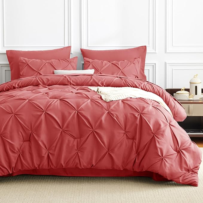 CozyLux Queen Comforter Set Coral, 7 Pieces Pintuck Bed in A Bag, Premium Coral Comforter Queen Size, Pinch Pleat Bedding Sets with Comforter, Flat Sheet, Fitted Sheet, Pillowcases & Shams